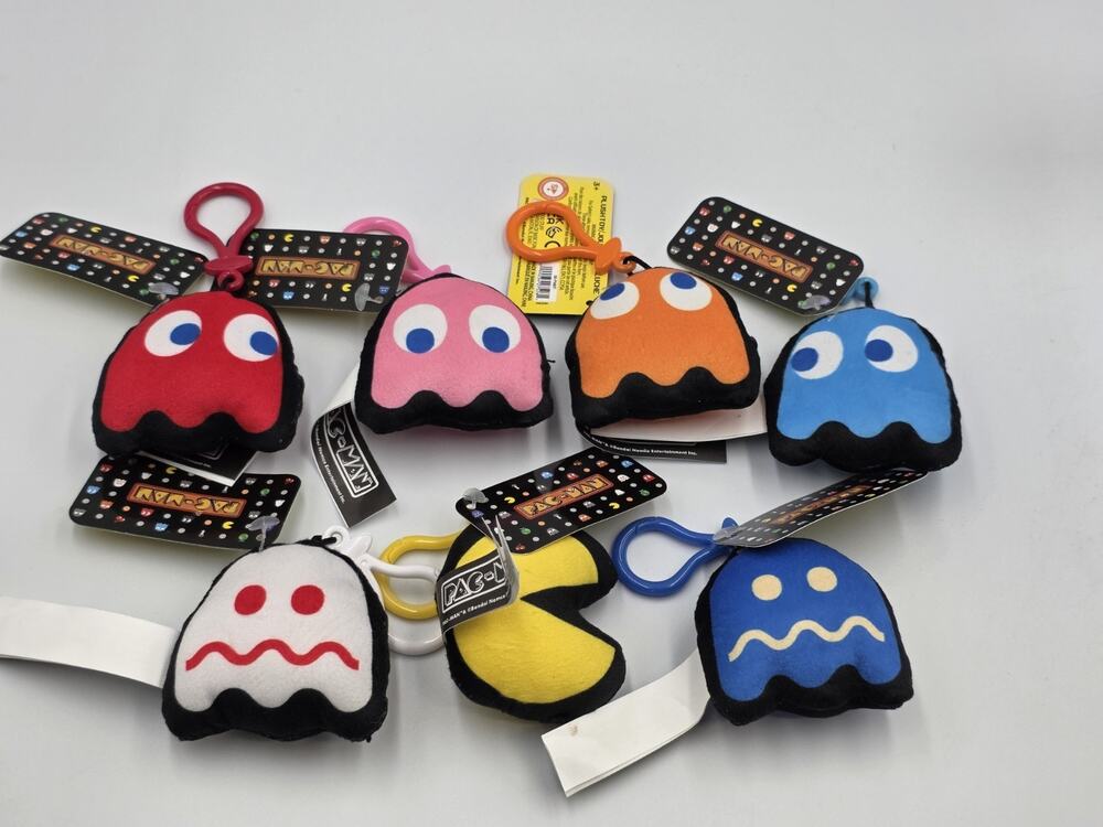 Set Of 7 Pac-man Ghost Plush Bag Clip Keyring Pacman Bandai Namco Toy 2.5 Inch